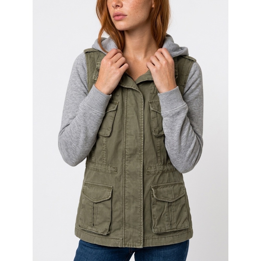 Rachel Rachel Roy Mixed Media Utility Jacket Olive Green Grey Hooded Womens S